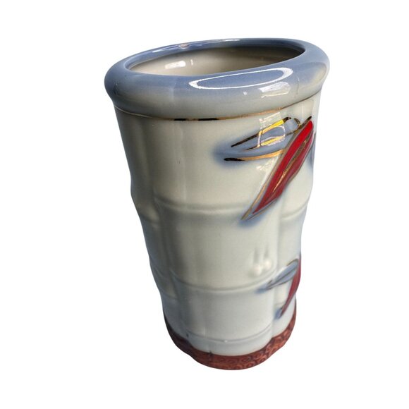 Handcrafted Ceramic Bamboo-Inspired Vase With Red & Gold Dragonfly Design Japan - Picture 2 of 7